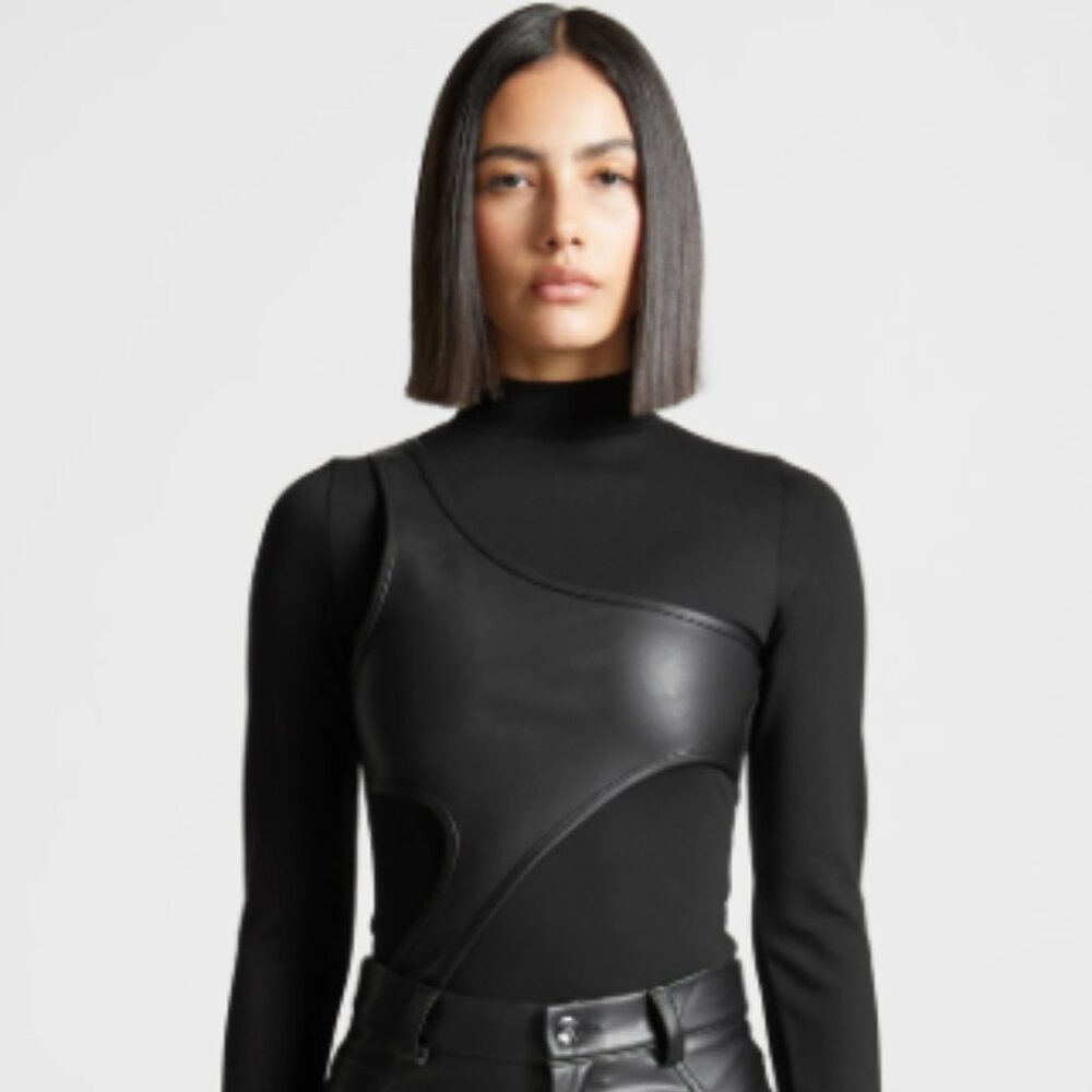 Maniere De Voir Leather Overlay High Neck Bodysuit